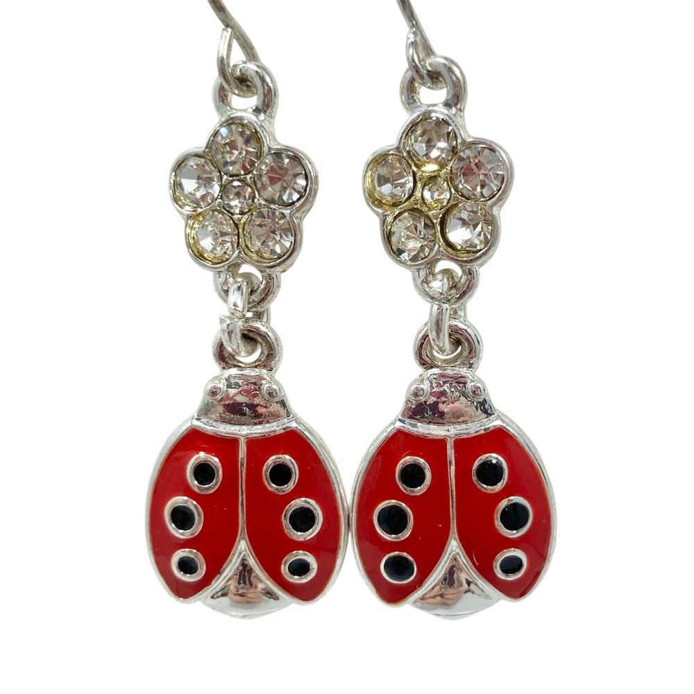 Vintage Red Ladybug Earrings Silver Plated Enamel Crystal Dangle Hypoallergenic